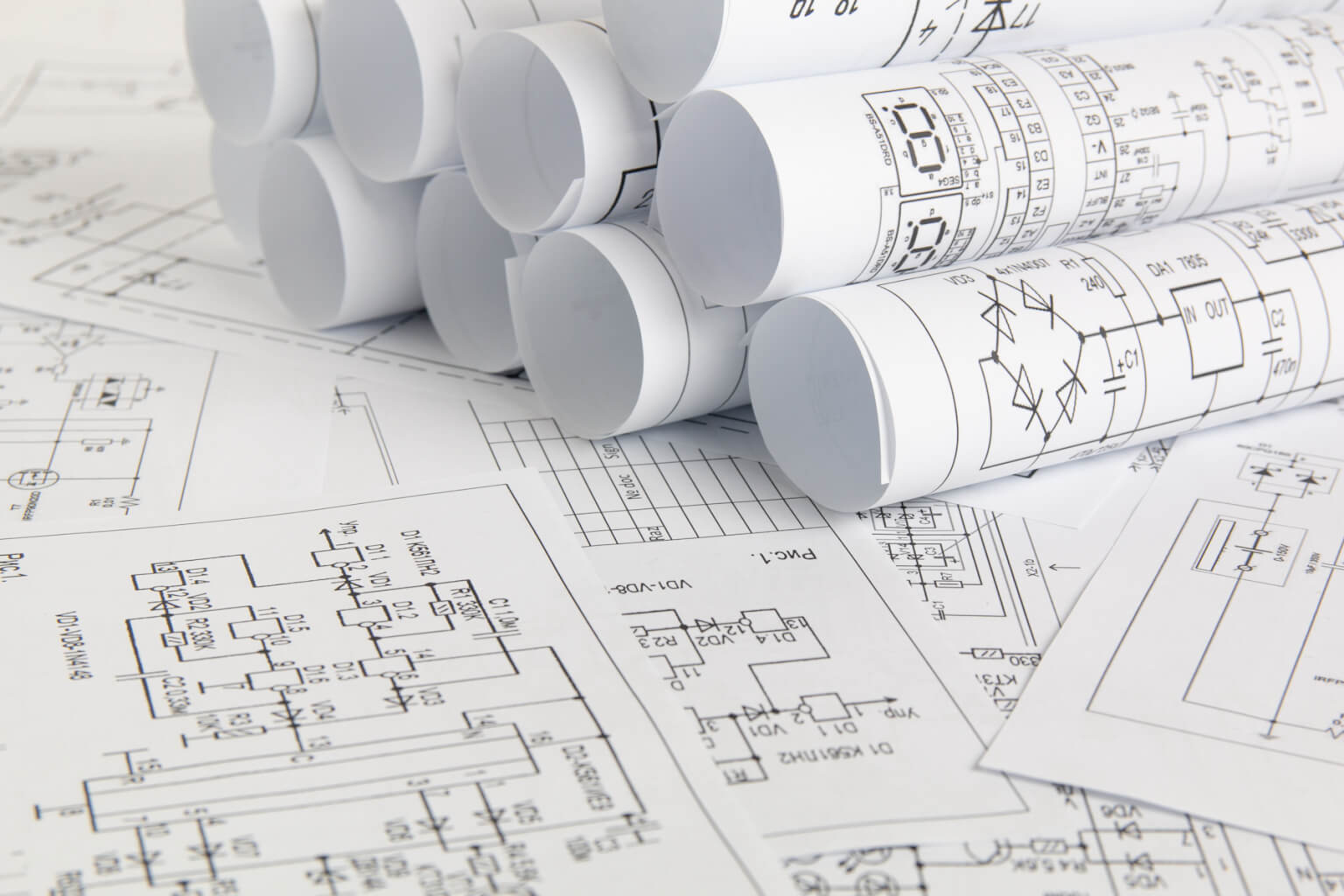 Electronics and Engineering. Printed drawings of electrical circuits.